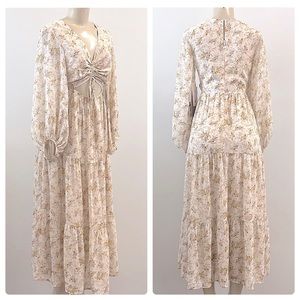 NWT Fanco Chiffon Cutout Long Sleeve Ditsy Floral Tiered Maxi Dress, Oatmeal S